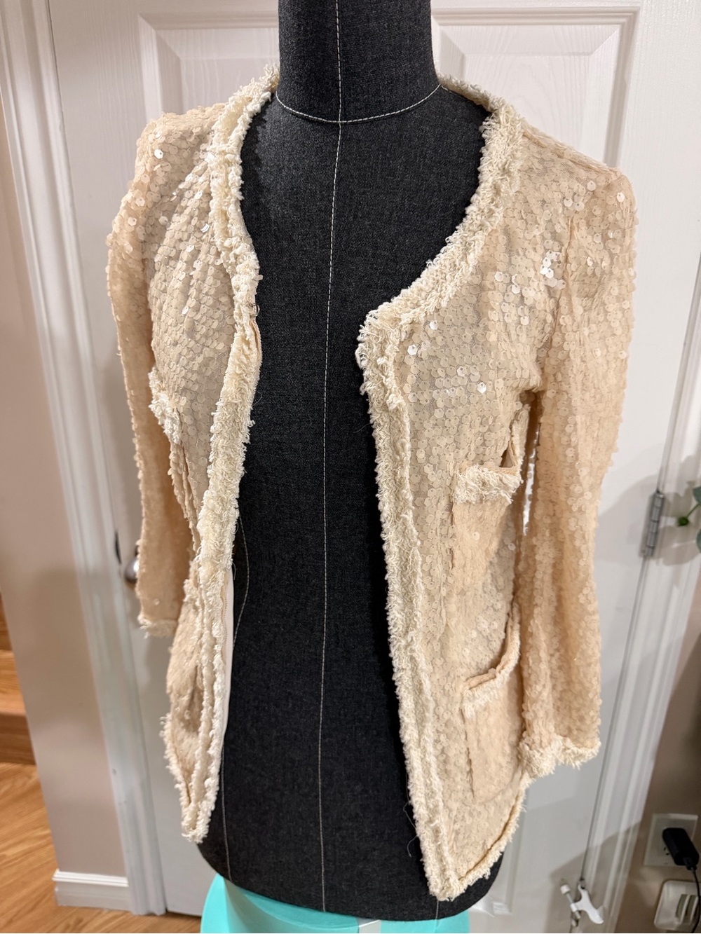 Zara Cream Sequin Bouclé Open-Front Blazer